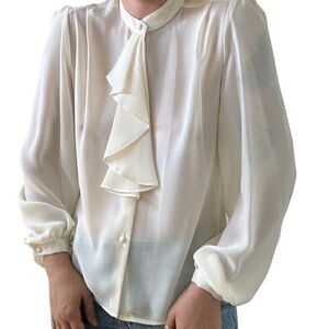 Vintage 1990s Womens White Sheer Romantic Ruffle Light Academia Blouse Sz S